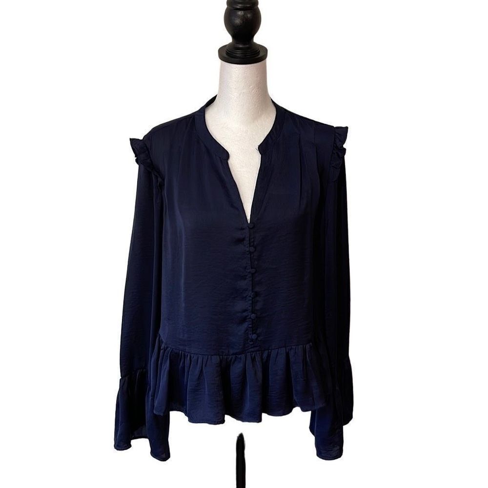 Hyfve Women'sย Long Sleeve Top Blouse Buttonโ RuffleโPeplum Hem Navy Blue Small